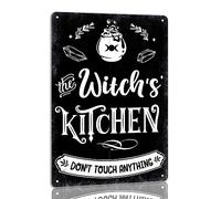 Letrero de metal divertido con texto en inglés "The Witch's Kitchen Don't Touch Anything", letreros de metal para Halloween, vintage, gótico, espeluznante, decoración retro de bruja para cafetería,