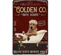 Letrero de metal divertido Golden Retriever Bath Soap Wash Your Worries Away Retro Decor Art Sign Home Kitchen Bar Cafe Club Cueva Wall Decor Vintage Tin Sign 8 x 12 pulgadas