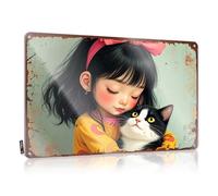 Letrero de metal divertido para decoración de patio, susurrando secretos: un momento tierno de niña con su gato (30 x 40 cm)
