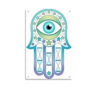 Letrero De Metal Mano De Hamsa con Ojo Turco Y Reloj De Sand Protección Ocular Hamsa Bohemio Cartel De Metal Vintage Letreros para Jardín Baño Habitación 20X30Cm