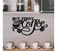 Letrero de metal negro con texto en inglés "But First Coffee", decoración de pared de café, letrero colgante con taza de café y frijoles, 35 x 18 cm, decoración de cocina para el hogar, estación de