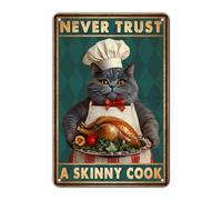 Letrero de metal "Nunca confíes en un gato cocinero flaco", letreros vintage de aluminio para jardinería, hogar, bar, oficina, patio exterior, decoración de pared, 8 x 12 pulgadas