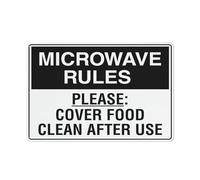 Letrero de metal para exteriores, con texto en inglés "Microwave Rules Please Cover Food Clean After Us", 12 x 8 pulgadas, letreros de metal para negocios, lugar de trabajo, oficina, hogar, entrega en