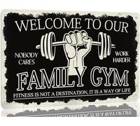 Letrero de metal para gimnasio en casa, bienvenido a nuestra familia, letreros de gimnasio, divertido letrero de fitness, letrero vintage para gimnasio, sala de gimnasio, hogar, bar, garaje, cueva de