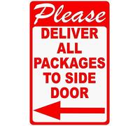 Letrero de metal para regalo con texto en inglés "Please Deliver All Packages to Side Door Sign with Left Flecha Package Delivery Rules" Señal de advertencia para jardín, patio, cumpleaños, decoración