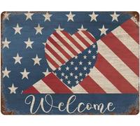 Letrero de metal patriótico con la bandera de Estados Unidos del 4 de julio, día de la independencia, letrero de bienvenida con corazón de metal, decoración para el hogar, tienda, hombre, cueva, ideas