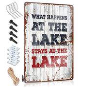 Letrero de metal pequeño con texto en inglés "What Happens At The Lake Stays At The The", decoración divertida para bar (20 x 30 cm)