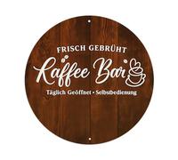 Letrero de metal redondo con texto en inglés "Freshly Brewed Coffee Bar Open Daily Self-Service", letrero de estaño, decoración vintage para bar, hogar, cueva de hombre, cocina, lavandería, regalo, 8