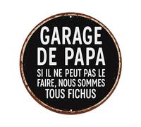 Letrero de metal redondo retro con texto en inglés "Dad's Garage If He Can't Do It We're All Screwed", decoración de pared para el hogar, bar, cafetería, póster de metal de 8 x 8 pulgadas