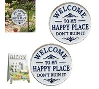 Letrero de metal redondo vintage con texto en inglés "Welcome to My Happy Place Don't Ruin It", decoración de pared de jardín, placas decorativas para puerta delantera, diversión en el hogar