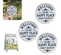 Letrero de metal redondo vintage con texto en inglés "Welcome to My Happy Place Don't Ruin It", decoración de pared de jardín, placas decorativas para puerta delantera, diversión en el hogar