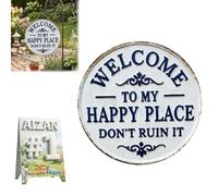 Letrero de metal redondo vintage con texto en inglés "Welcome to My Happy Place Don't Ruin It", decoración de pared de jardín, placas decorativas para puerta delantera, diversión en el hogar