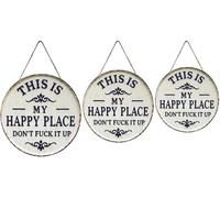 Letrero De Metal Redondo Vintage This Is My Happy Place Don't Fuck It Up: Decoración Divertida De La Pared del Jardín, Placa Colgante for La Puerta Principal, El Patio