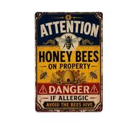 Letrero de metal retro con texto en inglés "Attention Honey Bees On Property Danger If Allergic Avoid The Bees Hive", decoración de pared de metal, para el hogar, bar, garaje, cafetería, decoración de