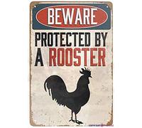 Letrero de metal retro con texto en inglés "Beware Protected by A Rooster Chicken Sign Retro Look Family Club Bar Garage Farm Supermarket Shopping Center Forest Garden Door Wall Decor Metal Tin Sign
