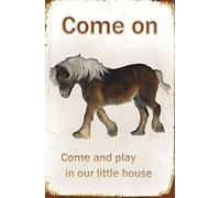 Letrero de metal retro con texto en inglés "Come and Play in Our Little House" para decoración de pared, 14 x 20 cm, para dormitorio de cueva de hombre