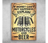 Letrero de metal retro con texto en inglés "If Money Can't Buy Happiness Explain Beer And Motorcycles - Letrero de metal para bar, pub, garaje, comedor, cafetería, decoración de pared del hogar