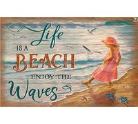 Letrero de metal retro con texto en inglés "Little Girl On The Beach Life is A Beach Enjoy The Waves" para decoración de pared de café del hogar, 8 x 12 pulgadas