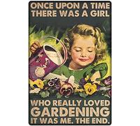 Letrero de metal retro con texto en inglés "Once Upon A Time There was A Girl Who Really Loved Gardening It was Me" Retro Watering Girl - Letrero de metal vintage para decoración de pared de bar