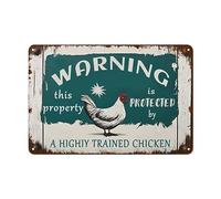 Letrero de metal retro con texto en inglés «Warning This Property Is Protected By A Highiy Trained Chicken Coop Signs» para gallinero, divertido al aire libre, 8 x 12 pulgadas, duradero.