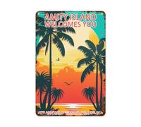 Letrero de metal retro con texto en inglés "Welcome To Amity Island" - Decoración de pared de bar de cueva de hombre vintage - Regalo único de decoración de pared - Póster de metal rústico divertido