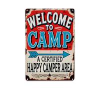 Letrero de metal retro con texto en inglés "Welcome To Camp" Certified Happy Camper Area, decoración de pared para el hogar, bar, cafetería, póster de metal de 8 x 12 pulgadas
