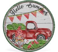 Letrero de metal retro de 12 pulgadas, redondo, Hello Summer Gnomes, decoraciones de estilo navideño, sandía, camión rojo, verde, búfalo, a cuadros, para suministros de fiesta de vacaciones, adornos
