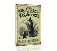 Letrero de metal retro de The Olde Witch's Garden con hierbas frescas cultivadas Magick Begins Here para Halloween, decoración de pared para jardín, hogar, Halloween, bruja, decoración de 8 x 12
