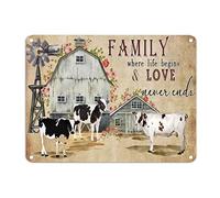Letrero de metal retro de vaca con texto en inglés "Family Where Life Begins And Love Never Ends" de aluminio, 12 x 16 pulgadas, resistente a la intemperie, para el hogar, bar, comedor, garaje, cocina