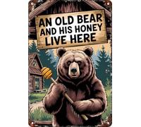 Letrero de metal retro divertido con texto en inglés "An Old Bear And His Honey Live Here" para decoración de pared de 8 x 12 pulgadas