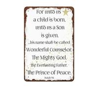 Letrero de metal retro divertido con texto en inglés "For Unto Us A Child Is Born Isaías 9:6, letrero vintage para decoración de pared, letrero de estaño para bar, hombre, cueva, garaje, decoración al