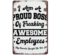 Letrero de metal retro divertido con texto en inglés "I Am A Proud Boss Of Freaking Awesome Employees", decoración de pared para el hogar al aire libre, letrero de metal retro de 8 x 12 pulgadas