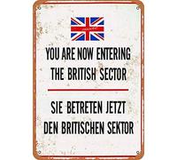 Letrero de metal retro divertido de Berlín con texto en inglés "You are Now Entering The British Sector" para el hogar, cueva, garaje, bar, decoración de pared, letrero de metal vintage de 8 x 12