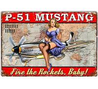 Letrero de metal retro P-51 con diseño de avión Pin Up Girl Baby de Steve McDonald, cartel de estaño vintage para bar, club de música, hombre, cueva, habitación, decoración de pared, 8 x 12 pulgadas