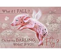 Letrero de metal retro para decoración de pared con diente de león de cerdo rosa volador - What If I Fall, Oh But My Darling, What If You Fly, lindo letrero de aluminio de cerdo, letreros vintage de lata para el hogar, bar, café, baño, 12 x 8 pulgadas