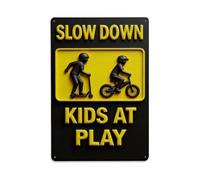 Letrero de metal retro para decoración de pared para interiores y exteriores, con texto en inglés "Slow Down Kids At Play", 20.3 x 30.5 cm