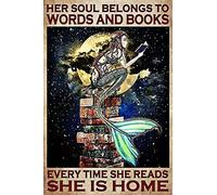 Letrero de metal retro para decoración de pared, sirena en el libro, sirena océano su alma pertenece a palabras y libros, decoración del hogar, letrero de metal vintage, cartel de pared de 20 x 30 cm