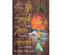 Letrero de metal retro para pared, diseño de sirena en la playa y "Las mejores cosas de la vida son las personas que amamos". Póster para el hogar, la tienda, la cafetería, la decoración de pared, let
