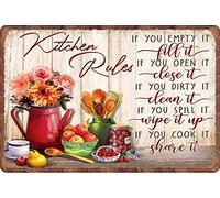 Letrero de metal retro vintage con texto en inglés "Kitchen Rules If You Empty It Fill It If You Cook It Share It", 20.3 x 30.5 cm