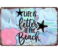 Letrero de metal retro vintage con texto en inglés "Life Is Better At The Beach", gallo para exteriores, jardín, hogar, bar, cocina, cocina, divertido letrero de metal para cafetería, bar, dormitorio