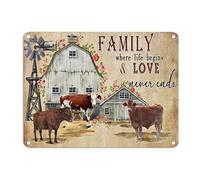 Letrero de metal rústico con diseño de vaca de campo con texto en inglés "Family Where Life Begins And Love Never Ends" - Letrero de aluminio con diseño de ganado peludo de 12 x 16 pulgadas