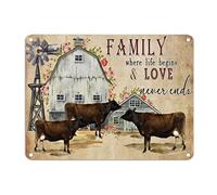 Letrero de metal rústico de vaca con texto en inglés "Family Where Life Begins And Love Never Ends" - Cartel de metal con diseño de vaca de las tierras altas, 30,5 x 40,6 cm, resistente al viento