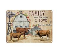 Letrero de metal rústico de vaca con texto en inglés "Family Where Life Begins And Love Never Ends" - Cartel de aluminio con diseño de vacas y granja, 25,4 x 35,5 cm, fácil de montar, decoración de
