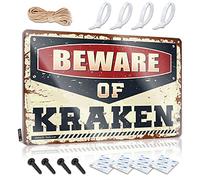 Letrero de metal rústico feminista para decoración de pared con texto en inglés "Beware Of Kraken", diseño de neón, divertido para la cueva del hombre | Regalo de vacaciones en el aula personalizado