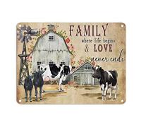 Letrero de metal rústico y elegante con diseño de vaca con texto en inglés "Family Where Life Begins And Love Never Ends" - Cartel de metal resistente al viento de 12 x 16 pulgadas para bar, pub