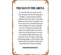 Letrero de metal vintage con cita de Theodore Roosevelt con texto en inglés "The Man In The Arena" (12 x 8 pulgadas)