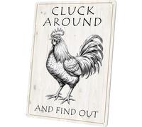 Letrero de metal vintage con diseño de gallo, "Cluck Around and Find Out", para gallinero, decoración de granja al aire libre, arte divertido para baño (aluminio), 30 x 20 cm