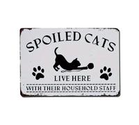 Letrero de metal vintage con diseño de gatos mimados que viven aquí con sus amas de casa, decoración de pared, póster de metal de 8 x 12 pulgadas