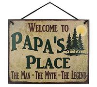 Letrero de metal vintage con pinos que dicen Bienvenido a Papa's Place The Man The Myth The Legend decorativo universal para el hogar y la familia, 12 x 8 pulgadas