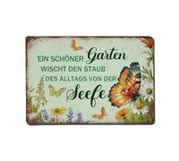 Letrero de metal vintage con texto en inglés "A Beautiful Garden Sweeps Away The Dust of Everyday" (Un hermoso jardín barre el polvo de todos los días)
